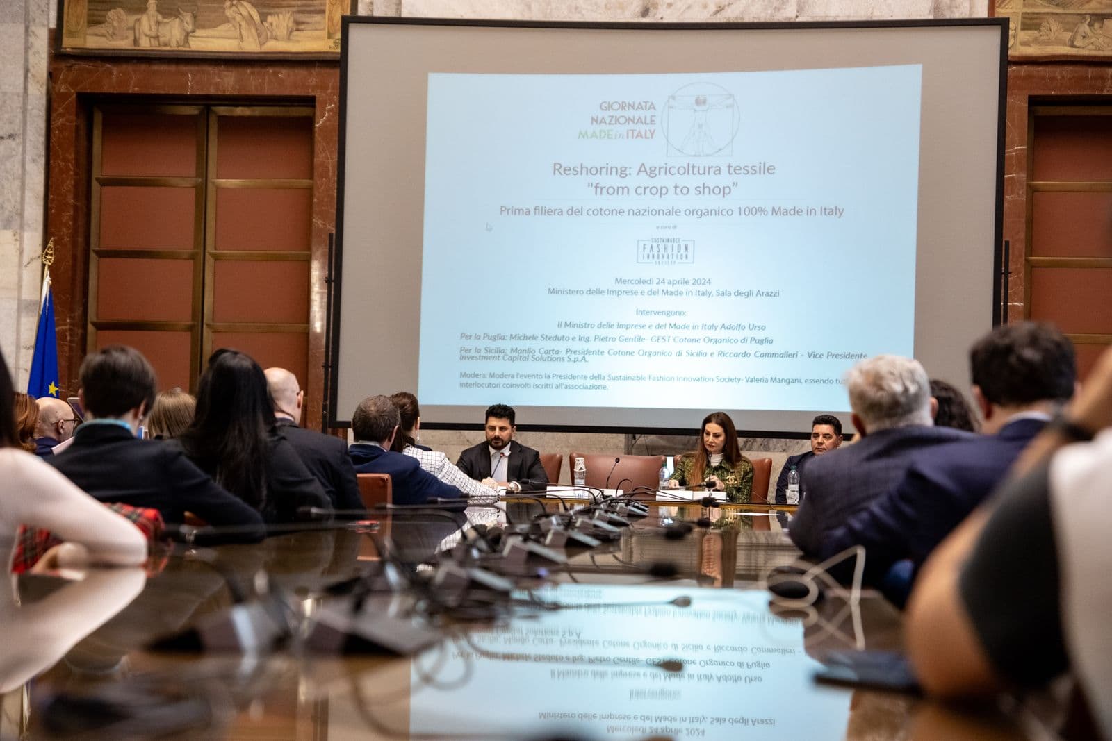 Conference at the MIMIT for the first 100% Made in Italy organic cotton supply chain, Rome 2024.