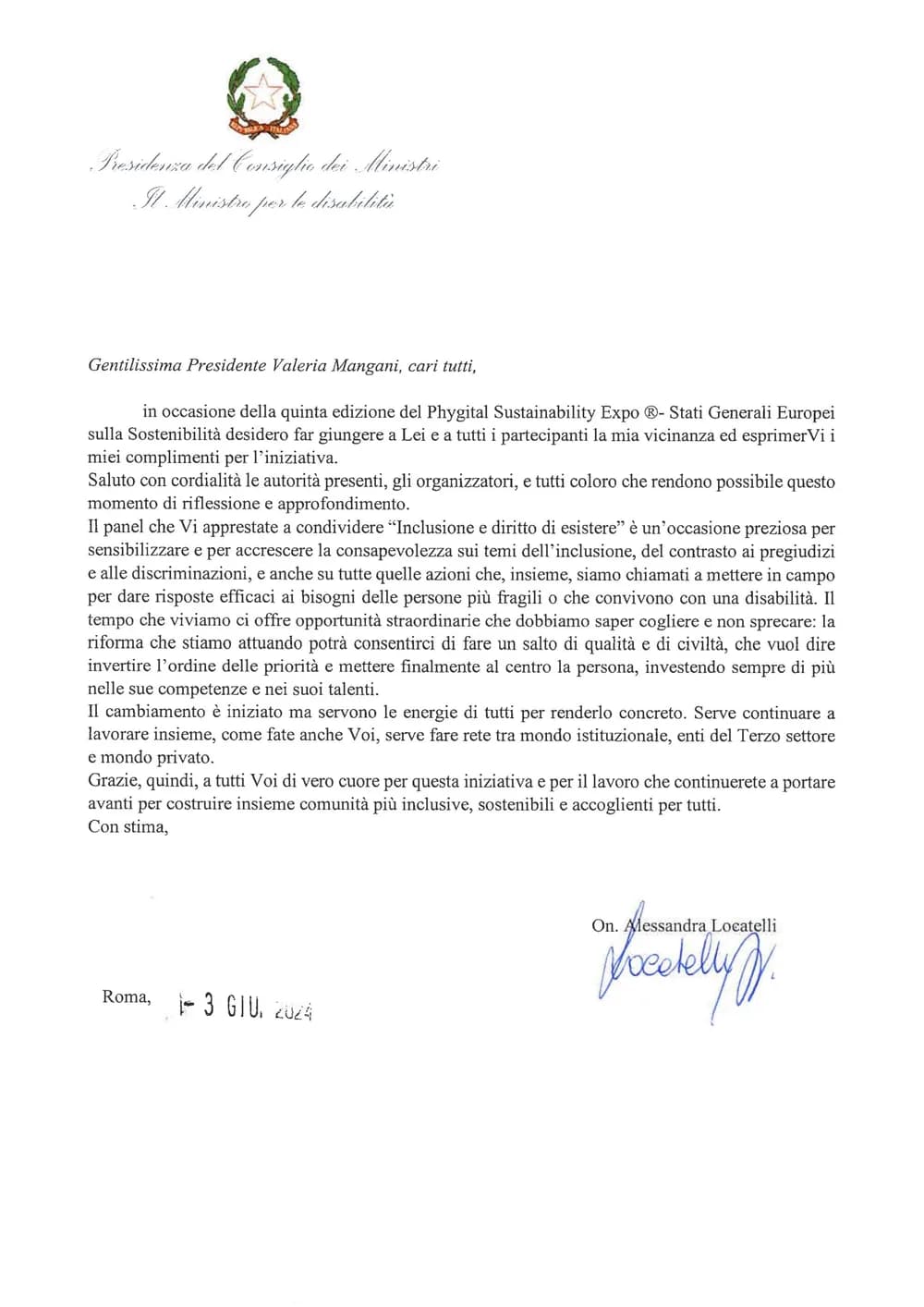 残障事务部长 Alessandra Locatelli 来信
