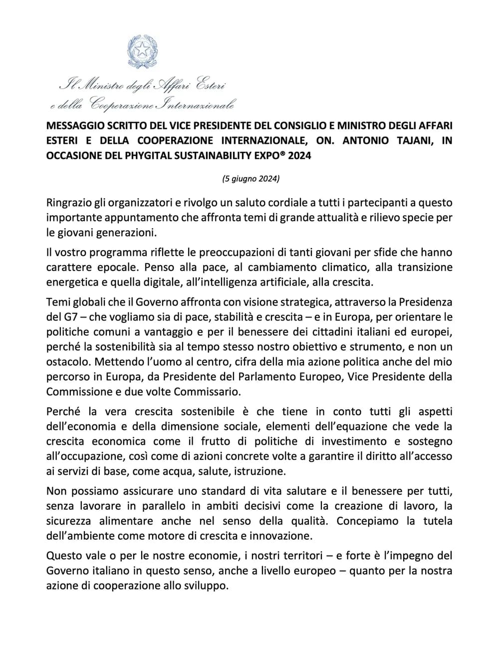 副总理兼外交部长 Antonio Tajani 致辞,第一页